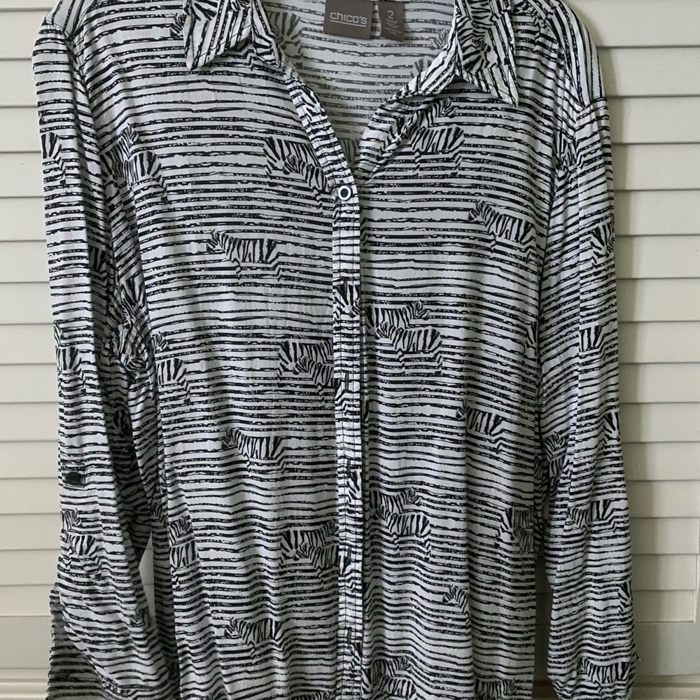 Chico's Black and White Striped Button-Front Shirt